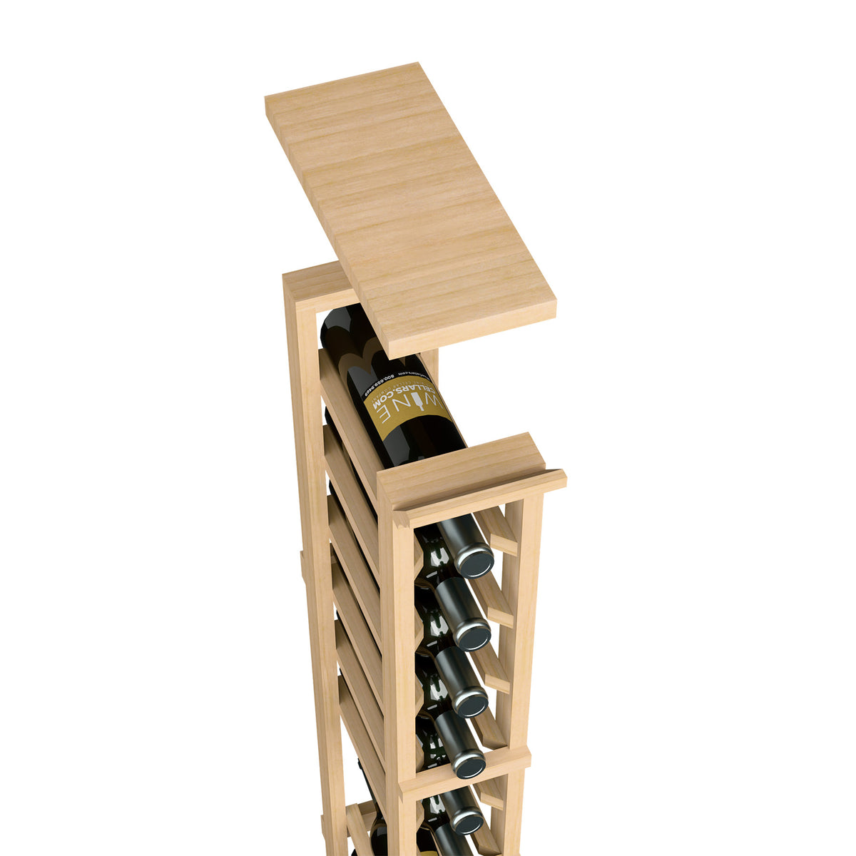 1-column wine rack top shelf in light wood, with bottle holder slots