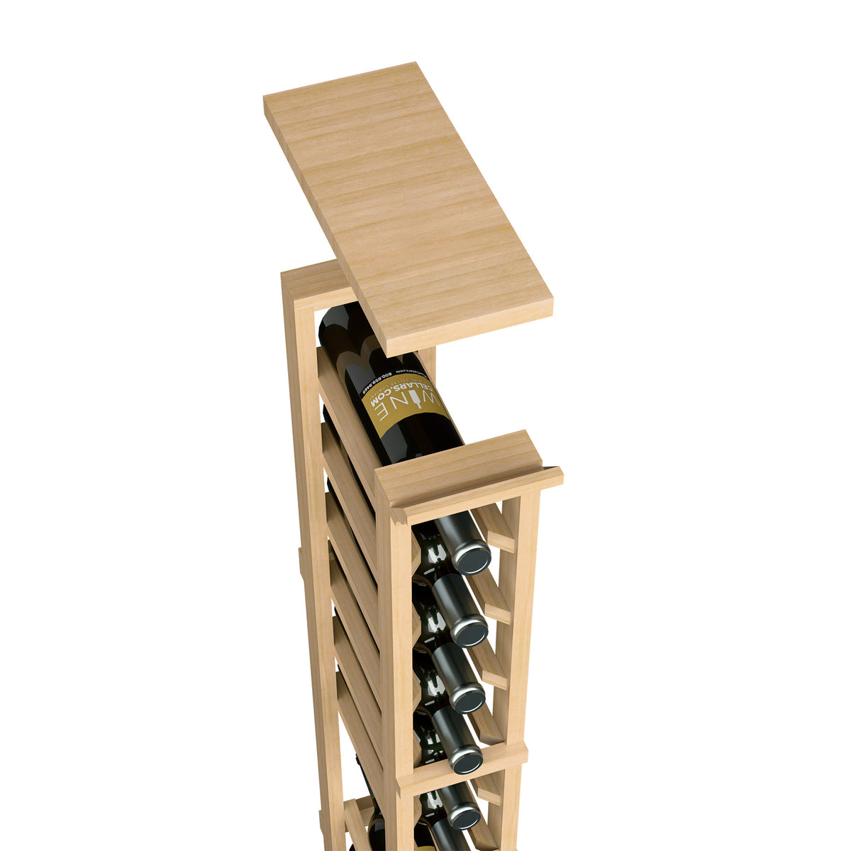 1-column wine rack top shelf in light wood, over stacked bottle openings