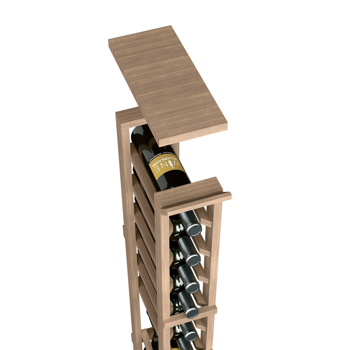 1-column wine rack top shelf in medium brown wood, with bottle holder slots
