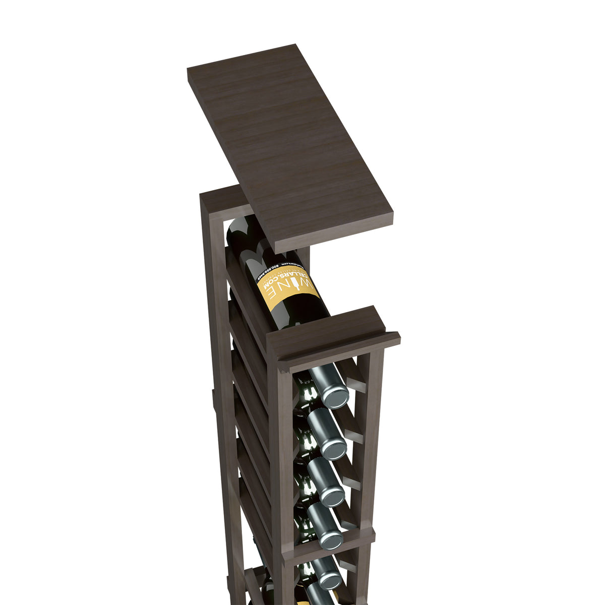 1-column wine rack top shelf in dark gray wood, over stacked bottle openings