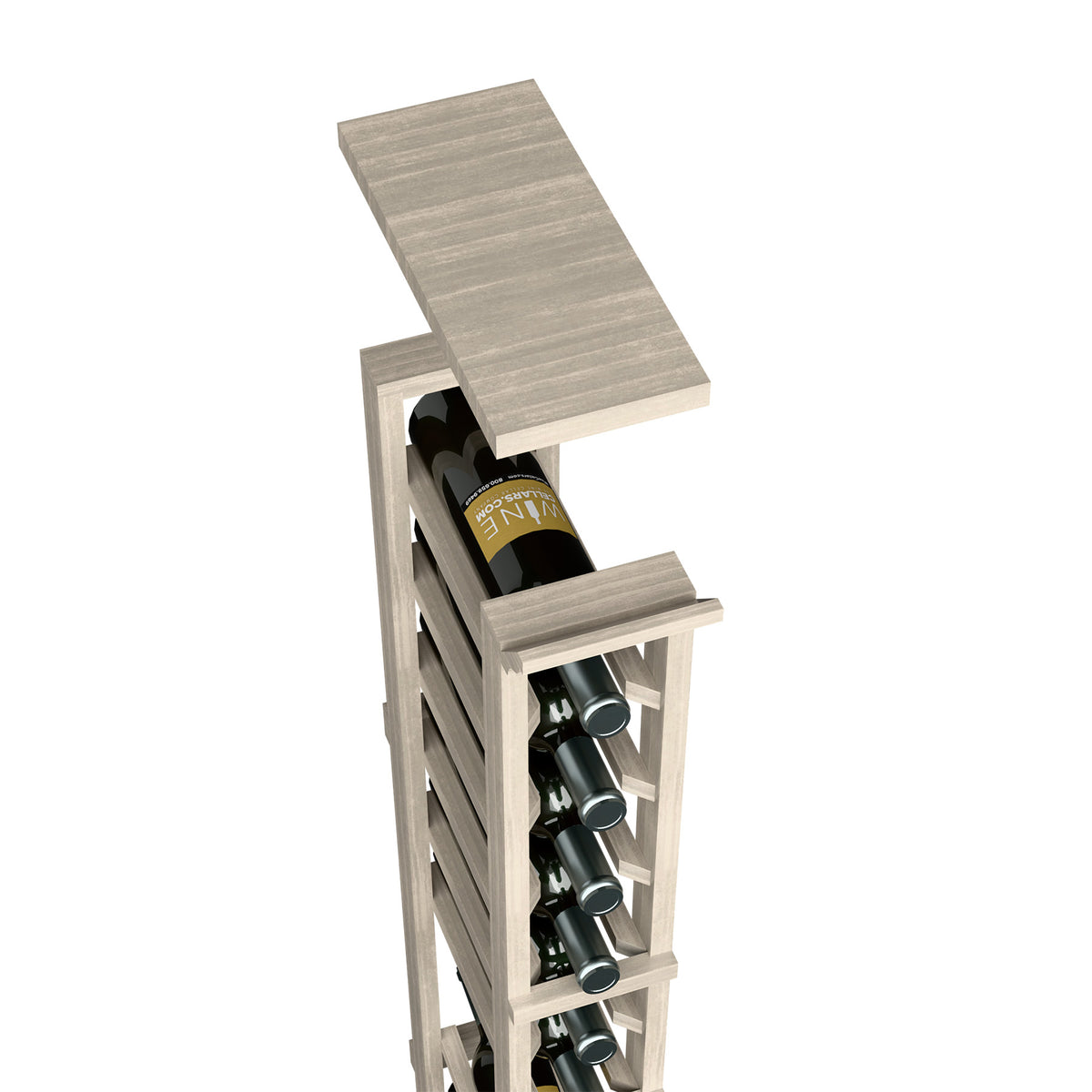 Solid top shelf wine rack, light grey stained wood with stacked bottle holders