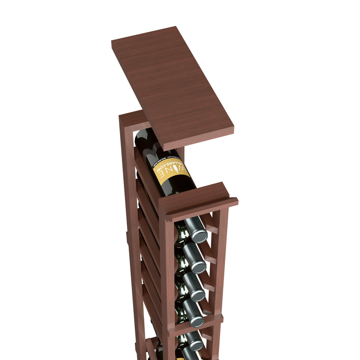 Solid top shelf wine rack, warm brown stained wood with front bottle slots