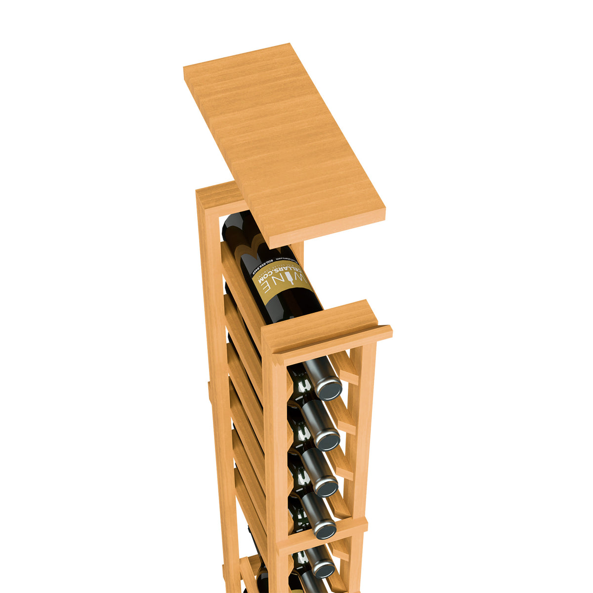 Solid top shelf wine rack, light amber wood with vertical bottle compartments