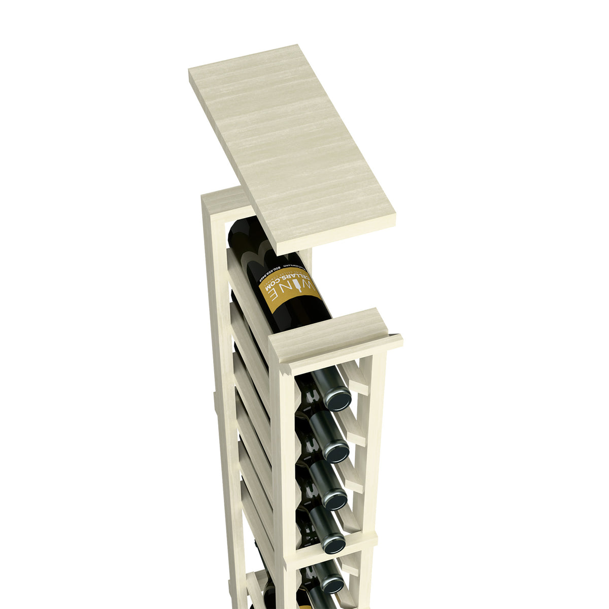 Solid top shelf wine rack, pale grey stained wood with vertical bottle slots