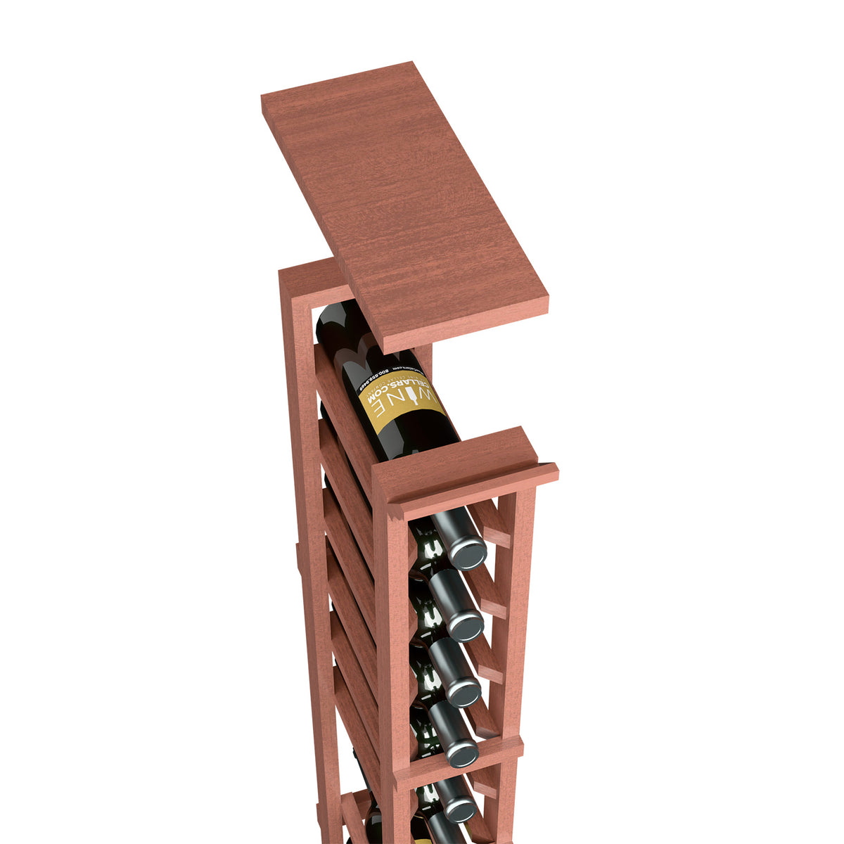 Wine rack top shelf for 1-column rack, reddish-brown wood, angled front bottle holders