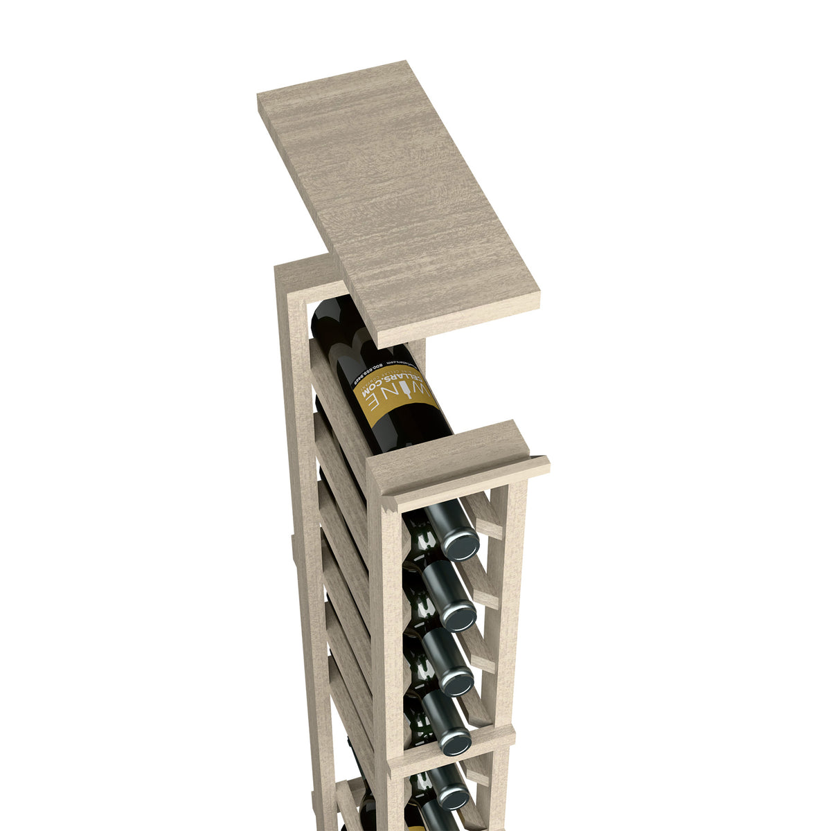 Light gray wood 1-column wine rack top shelf, side view with bottle and glass holders