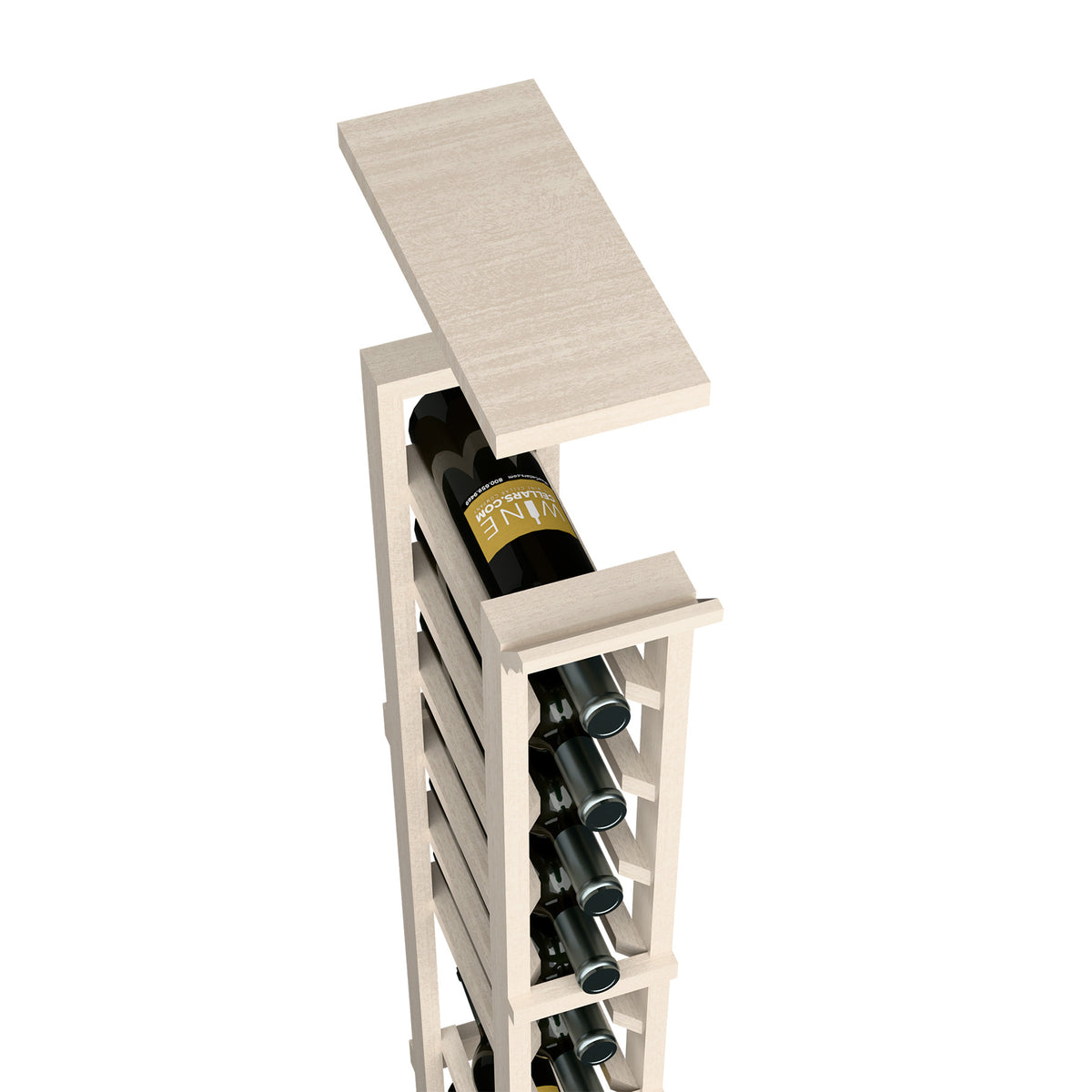 Whitewashed wood 1-column wine rack top shelf, front view of bottle and glass rack