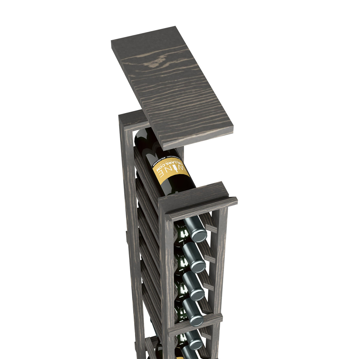 Dark wood wine rack top shelf with bottle holders, single-column design