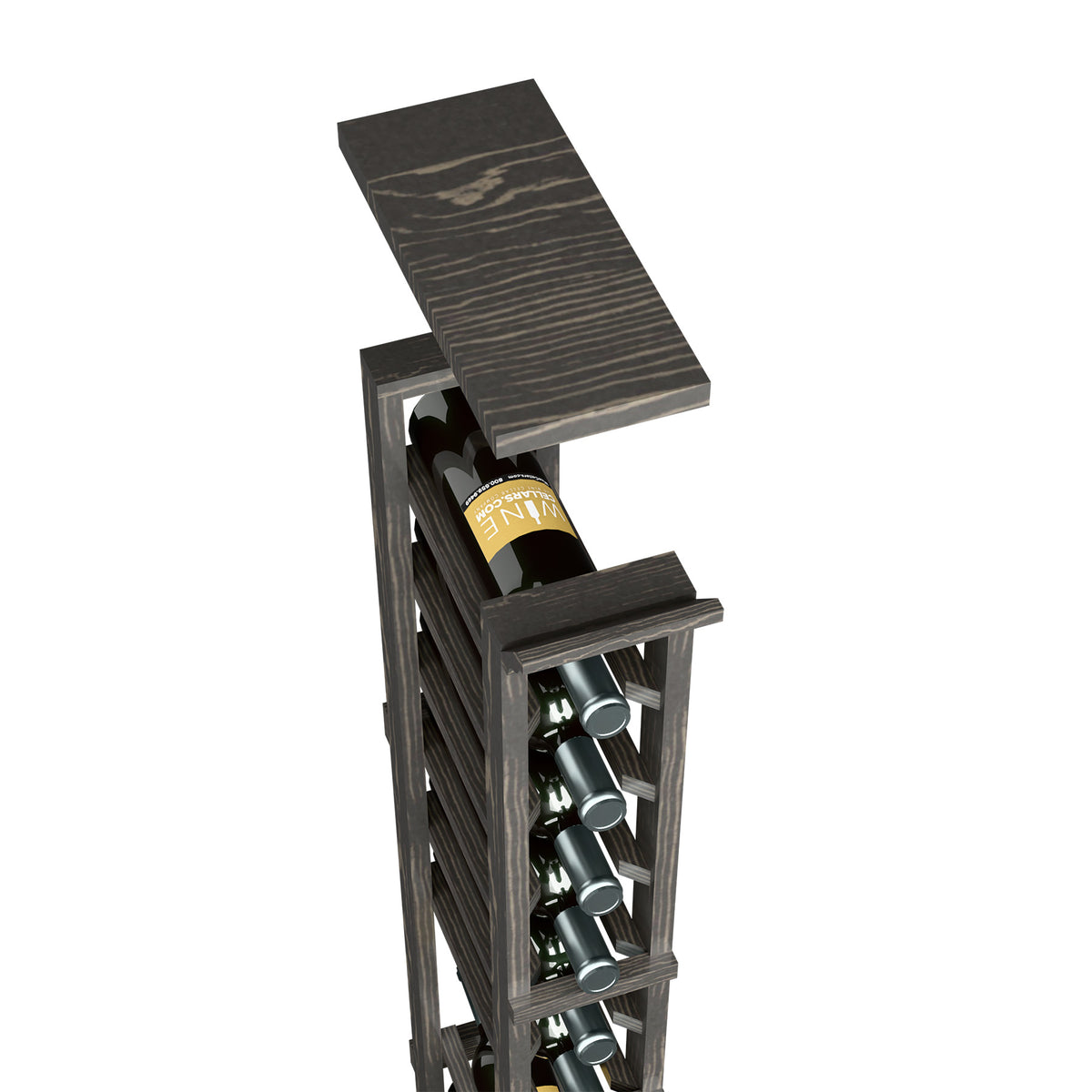 Angled dark wood wine rack top shelf with bottle slots and single-column frame