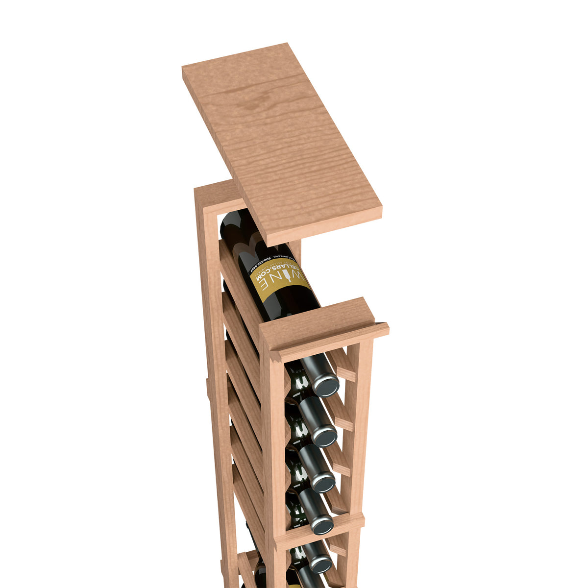 Front view light wood wine rack top shelf with bottle slots and vertical frame