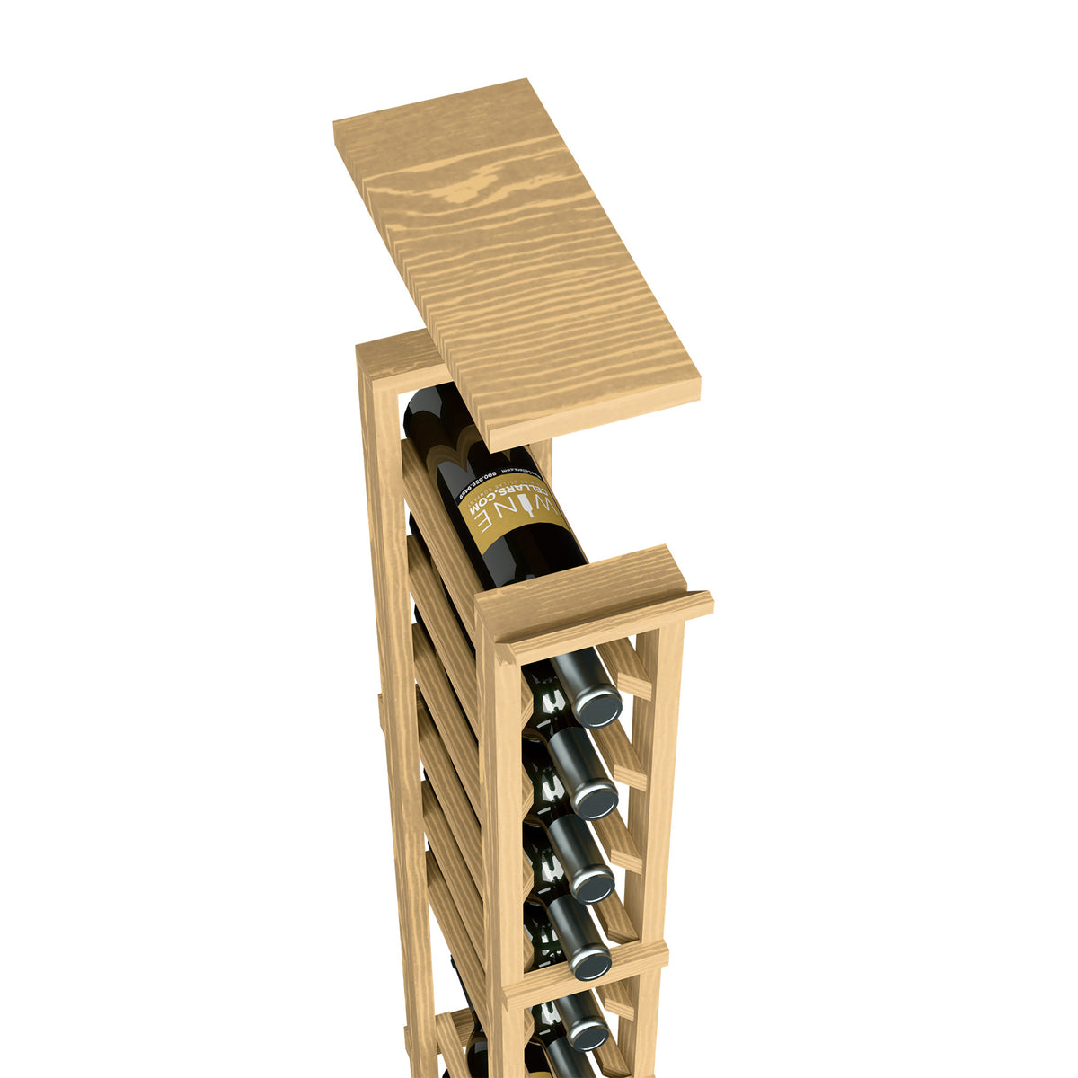 Natural light wood wine rack top shelf with bottle holders and slatted single column