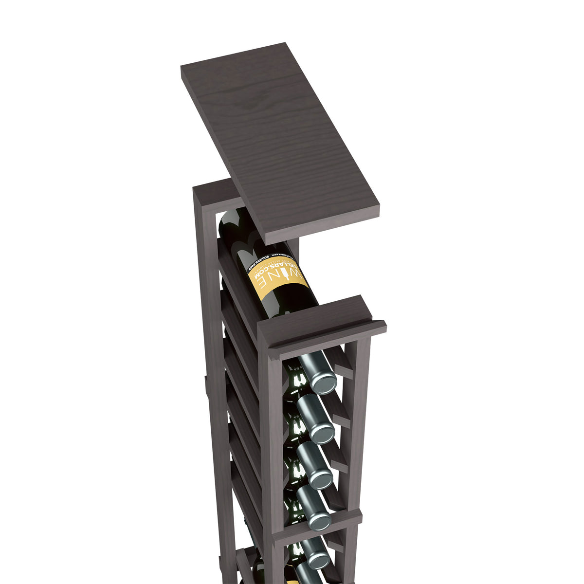 Espresso-dark wood wine rack top shelf with bottle holders and single-column frame