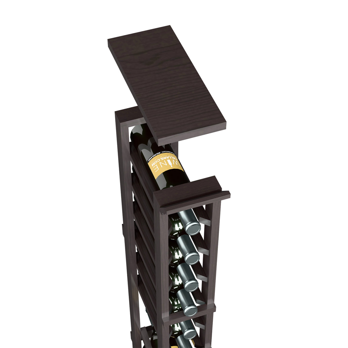 Front view espresso-dark wood wine rack top shelf with bottle slots and narrow single column