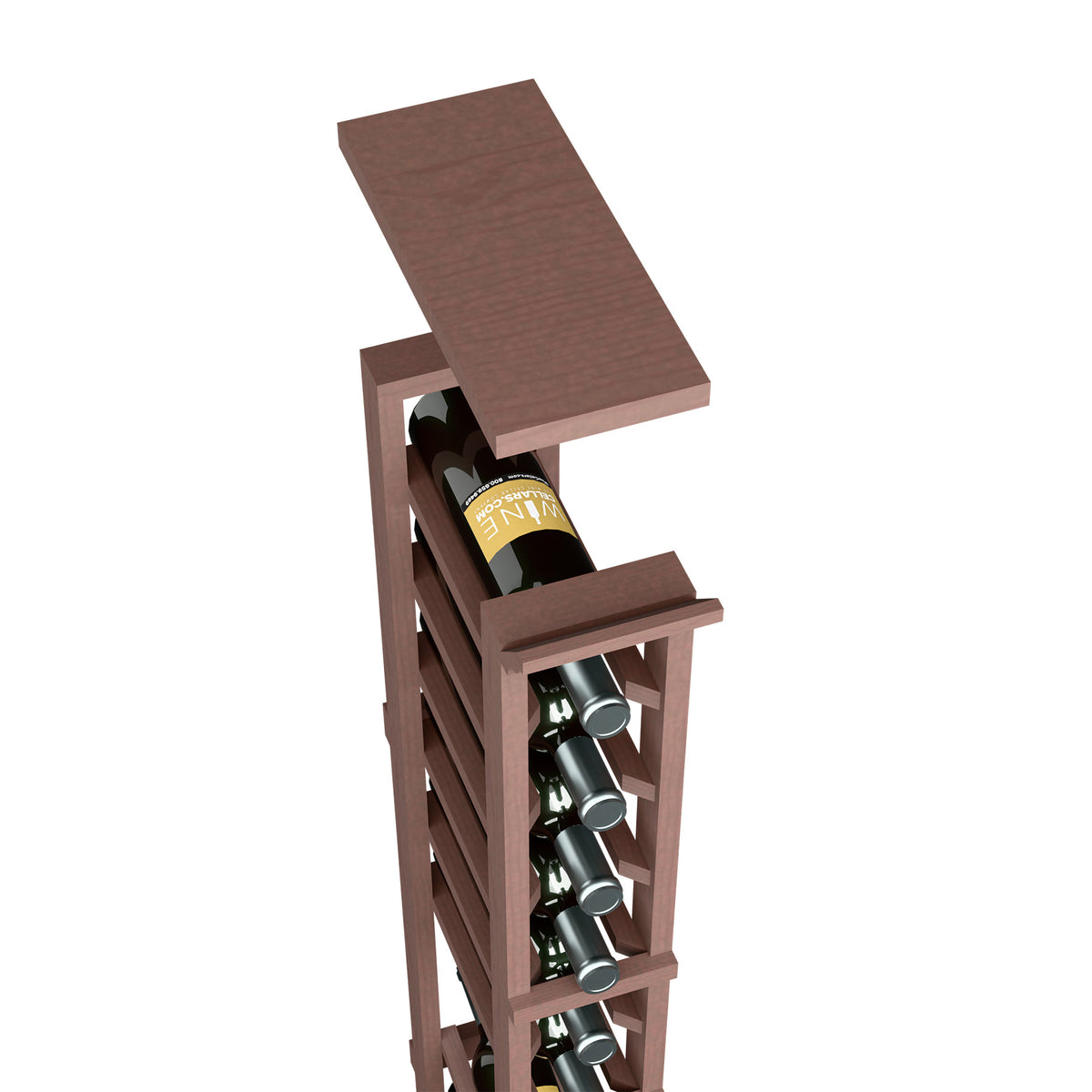 Dark brown wood top shelf with wine bottle slots for a 1-column rack