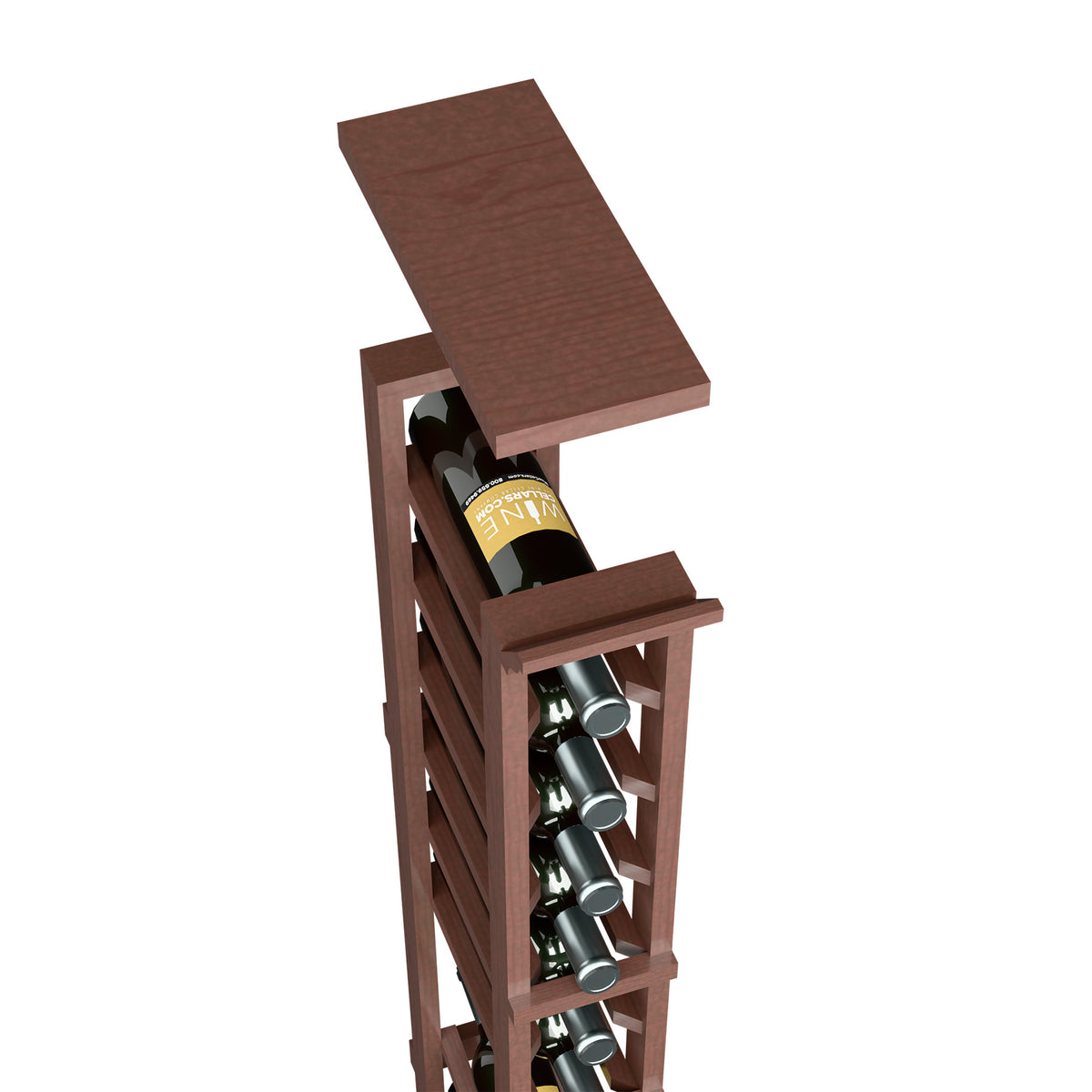 Dark brown wood top shelf with wine bottle slots for a 1-column rack