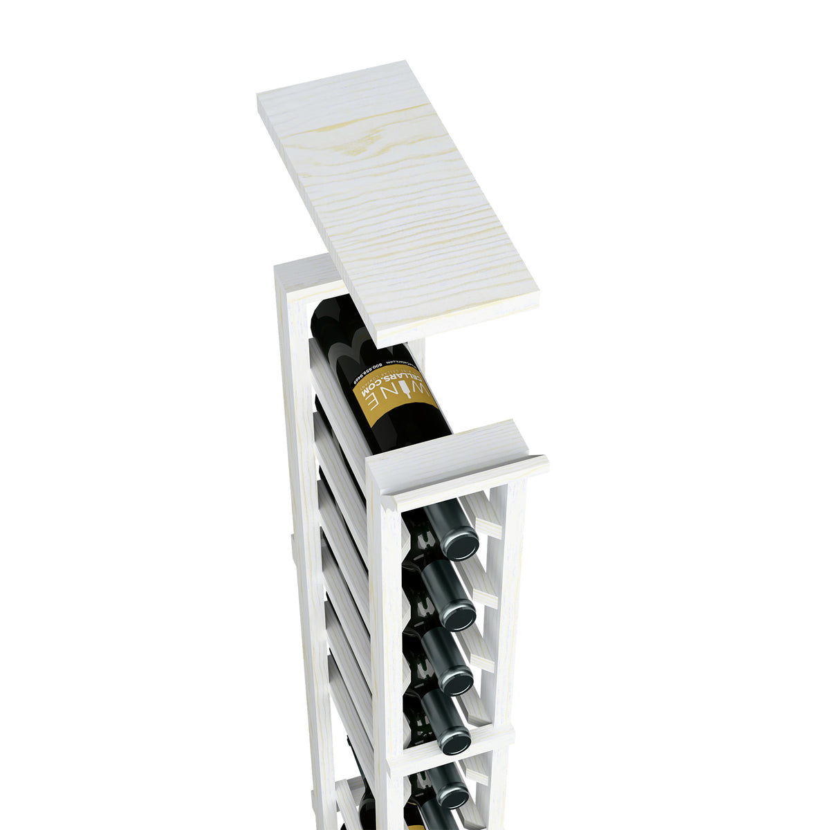 Whitewashed wood top shelf with wine bottle slots for a 1-column rack