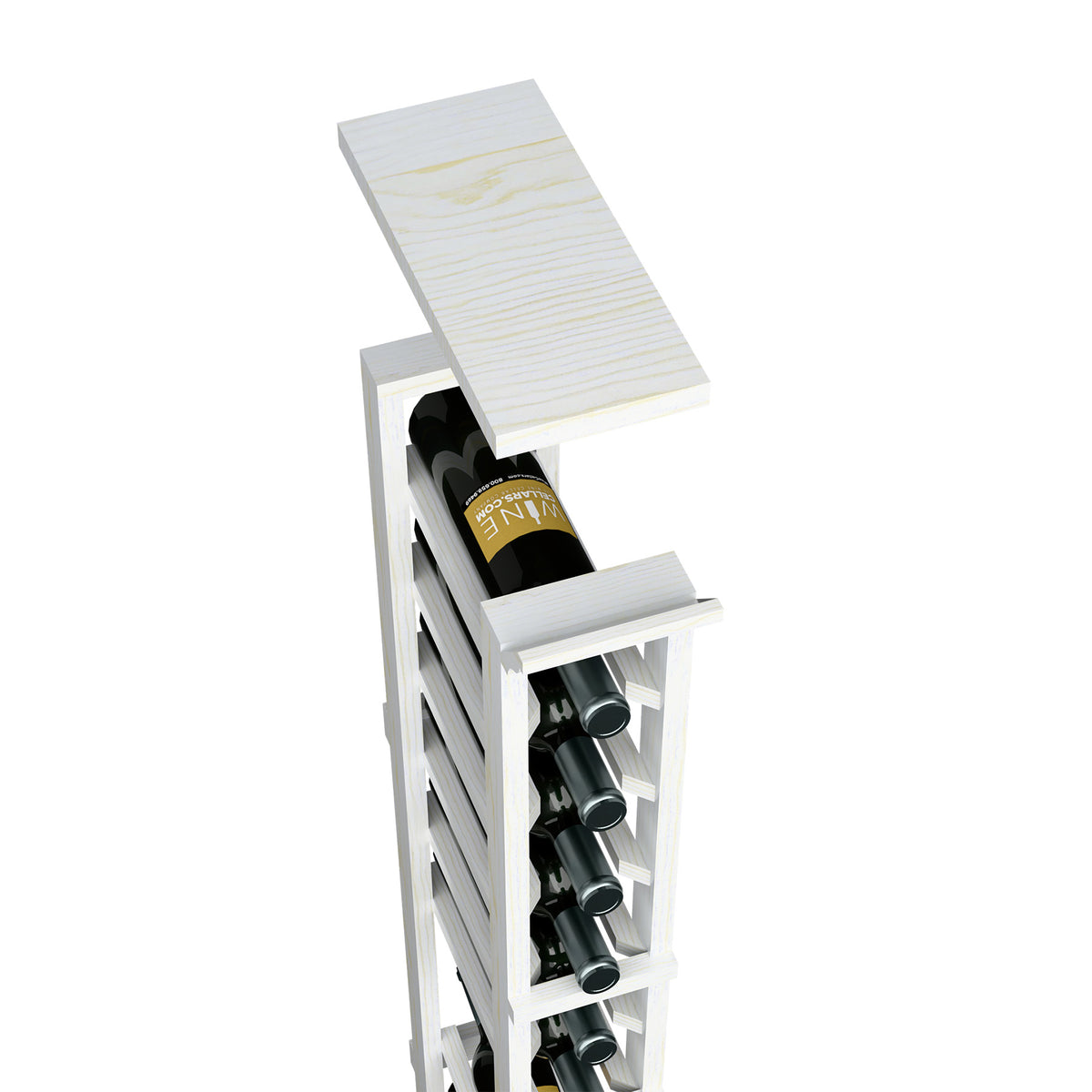 Whitewashed wood top shelf with wine bottle slots for a 1-column rack