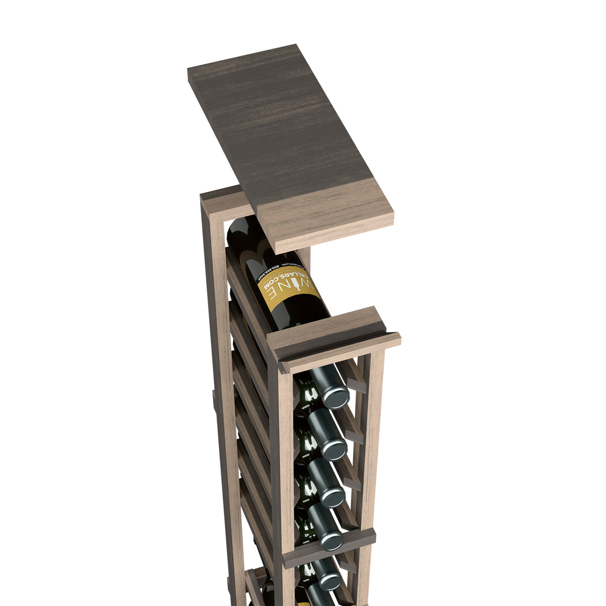 Wine rack top shelf for 1-column, dark wood frame with open bottle holders