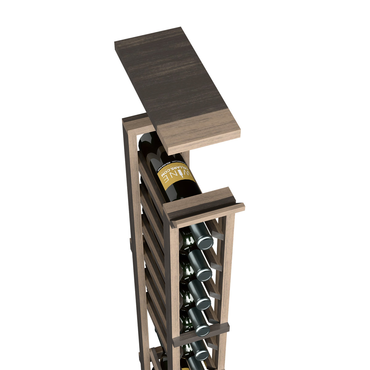 Wine rack top shelf for 1-column, dark wood frame with open bottle holders