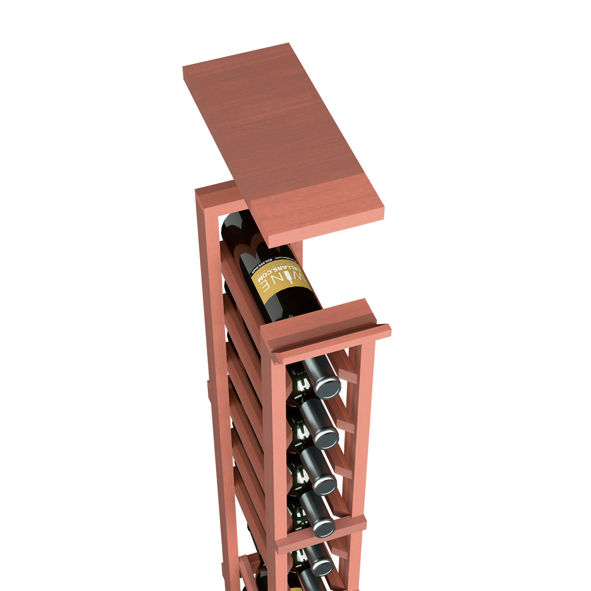 Wine rack top shelf for 1-column, red wood frame with open bottle holders
