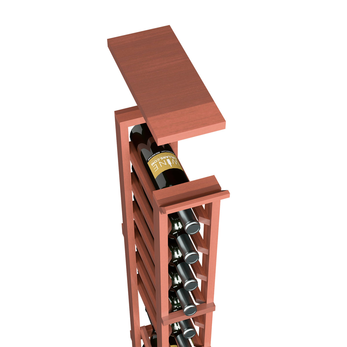 Wine rack top shelf for 1-column, red wood frame with open bottle holders