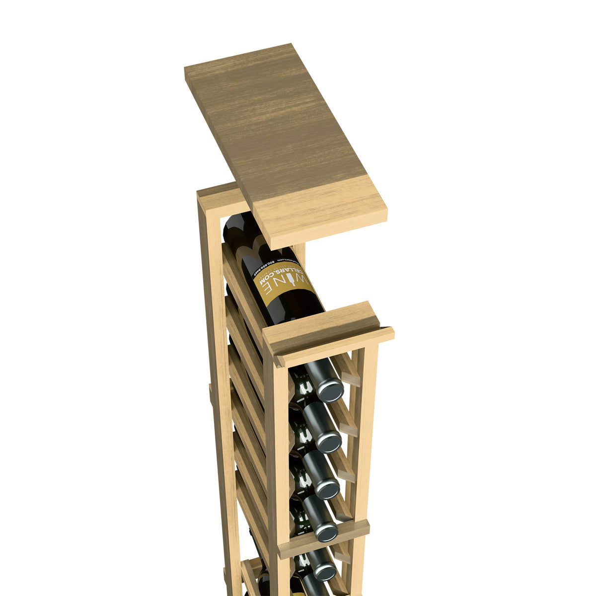 Wine rack top shelf for 1-column, pale yellow wood frame with open bottle holders