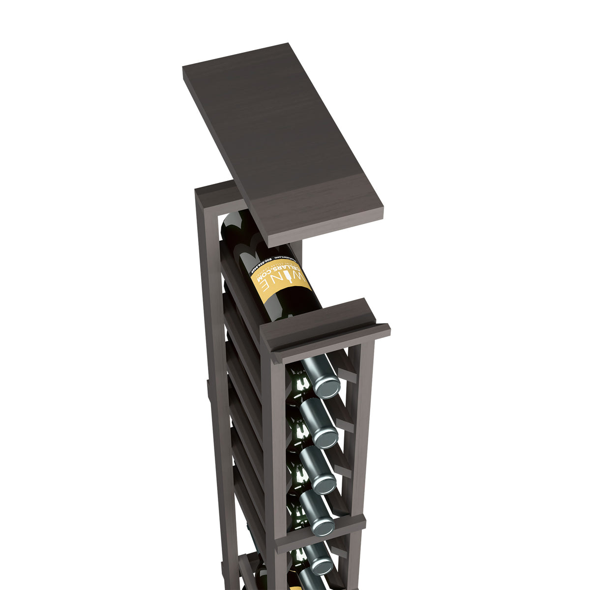 Wine rack top shelf for 1-column, dark brown wood frame with open bottle holders