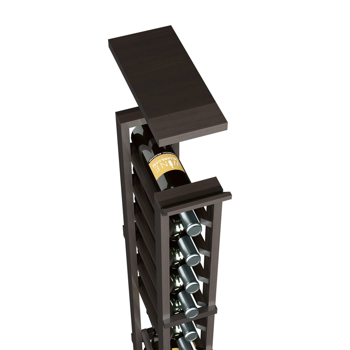Wine rack top shelf for 1-column, dark wood frame with open bottle holders