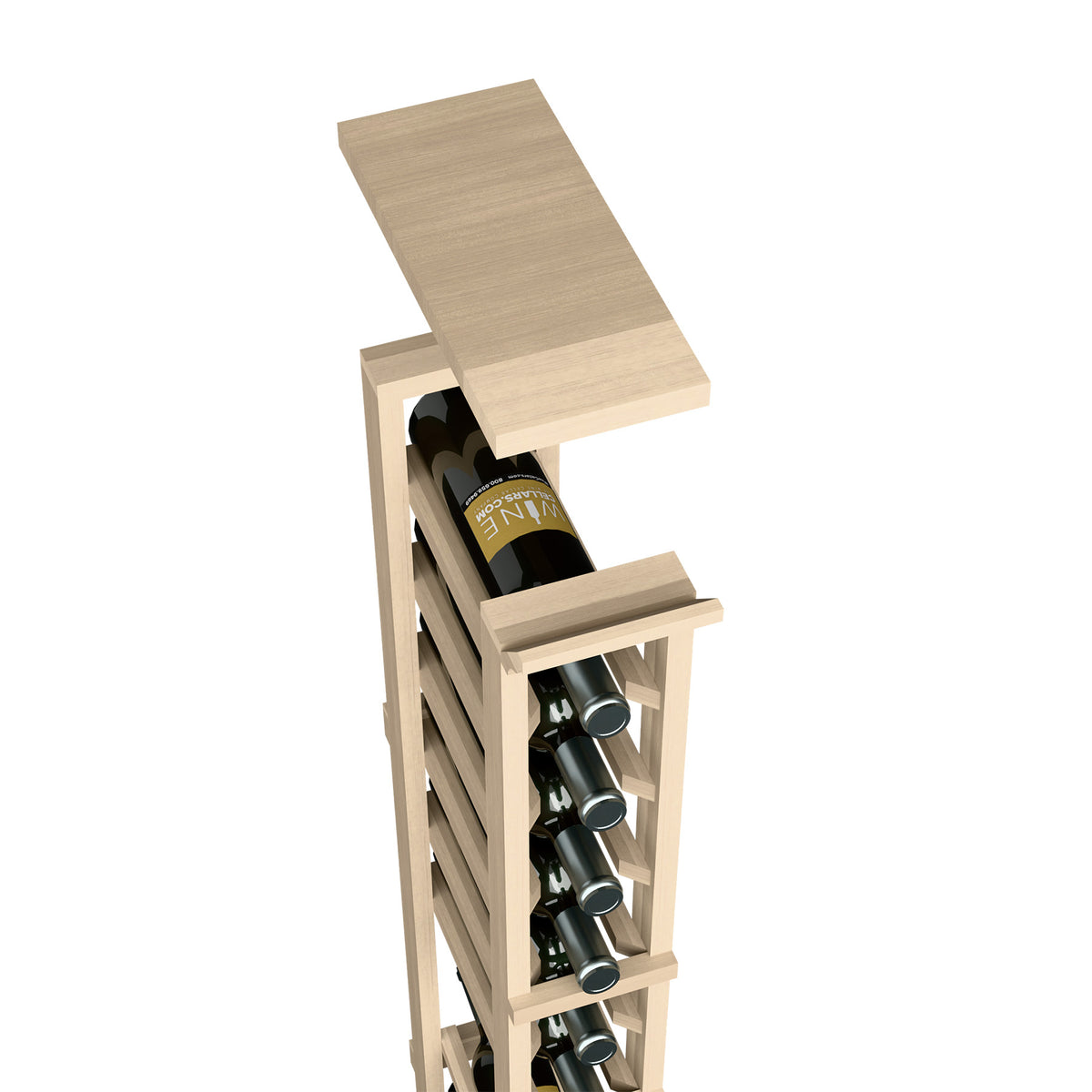 Light wood wine rack with top shelf and bottle holder slots for one column