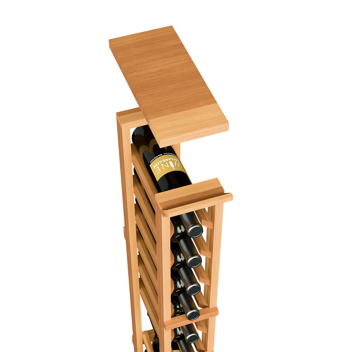 Tan wood wine rack with top shelf and narrow bottle slots in a one-column frame