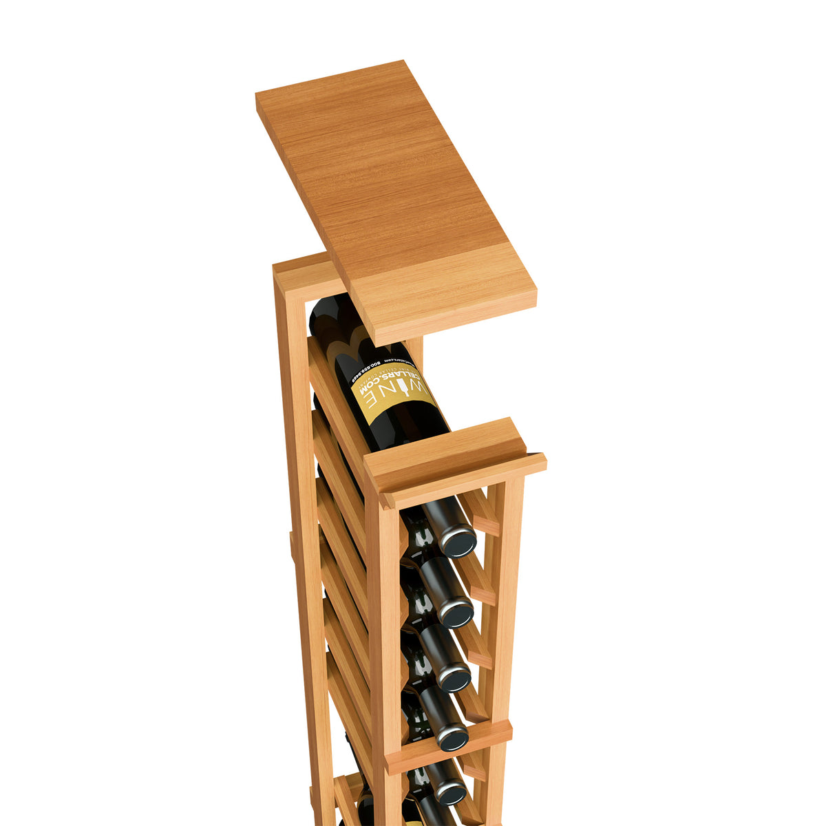 Warm tan wood wine rack top shelf with bottle holders and slatted sides