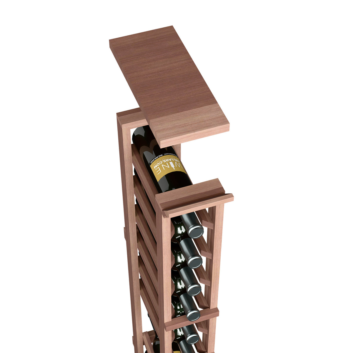 Medium brown wood wine rack with top shelf and bottle holder slots, one column