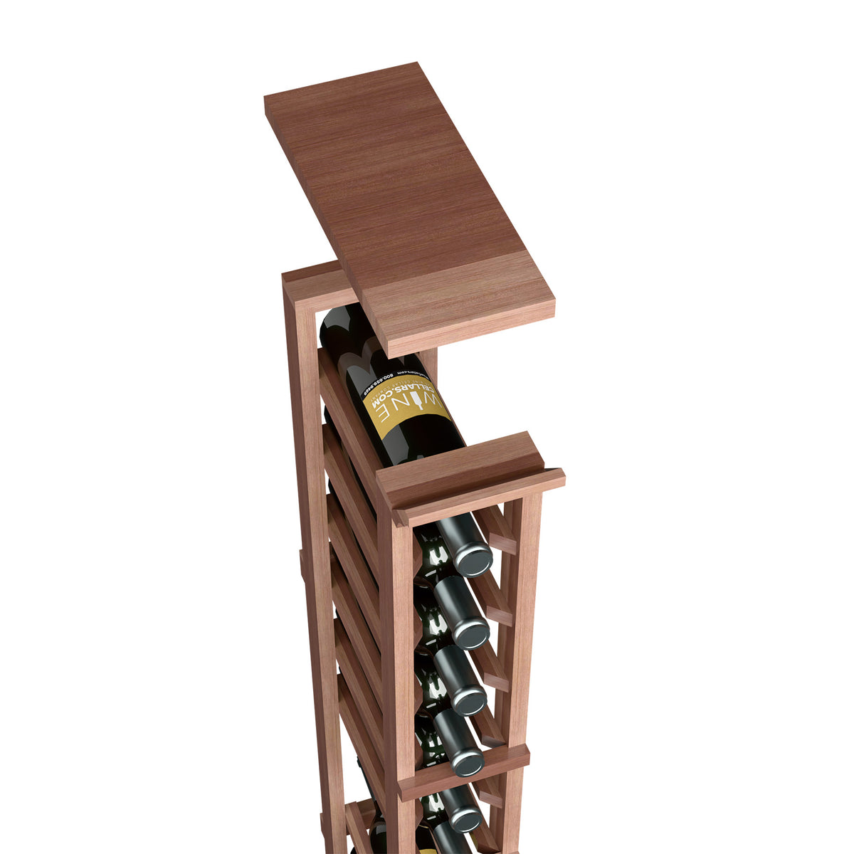 Dark walnut-toned wood wine rack top shelf with bottle holders and slatted frame