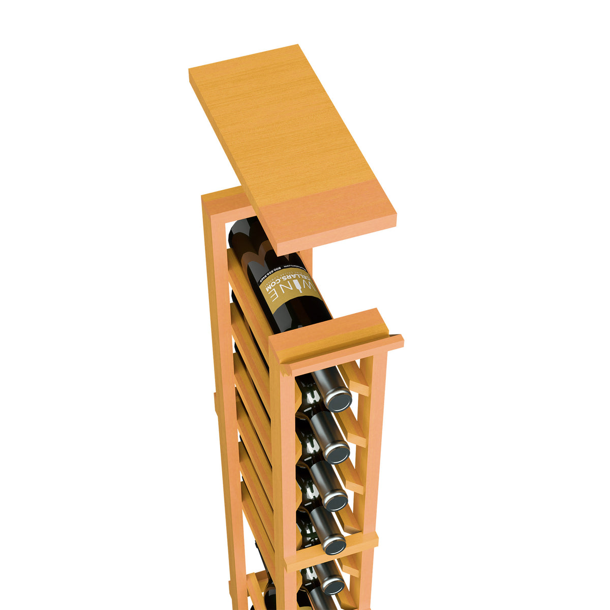 Light golden wood wine rack top shelf with bottle slots and front bottle holder