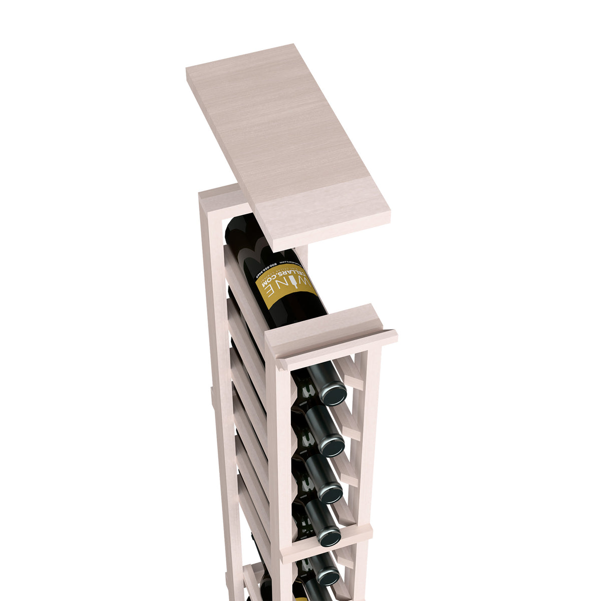 Light gray wood wine rack with top shelf and bottle holder slots, one-column rack