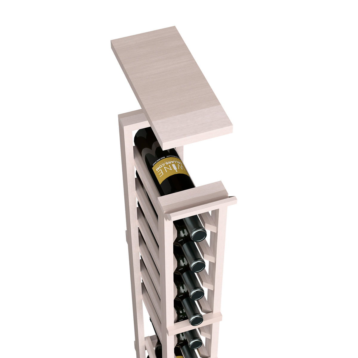 Light gray wood wine rack top shelf with bottle holders and slatted side frame
