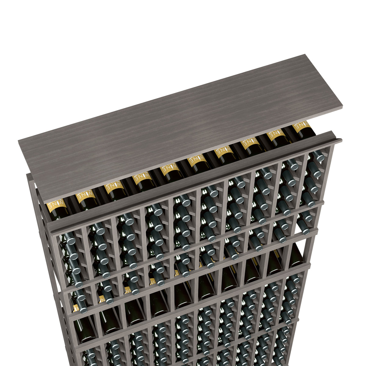 Gray stained wood wine rack shelf with 10-column bottle slots and top ledge