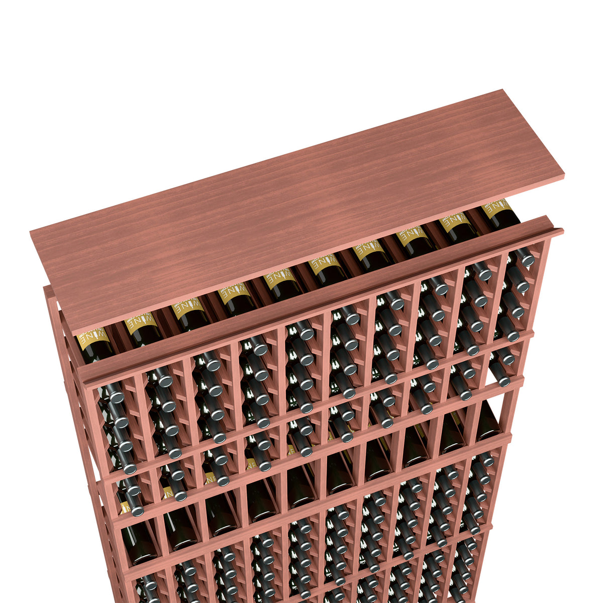 Red-brown stained wood wine rack shelf with 10-column bottle slots and ledge