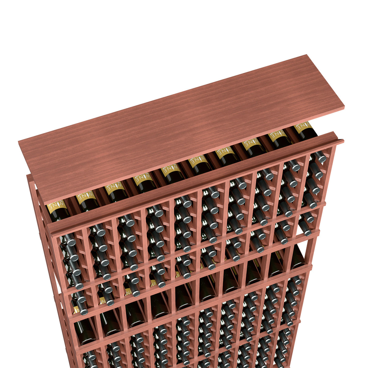 Red-brown stained wood wine rack shelf with bottle holders arranged in grid