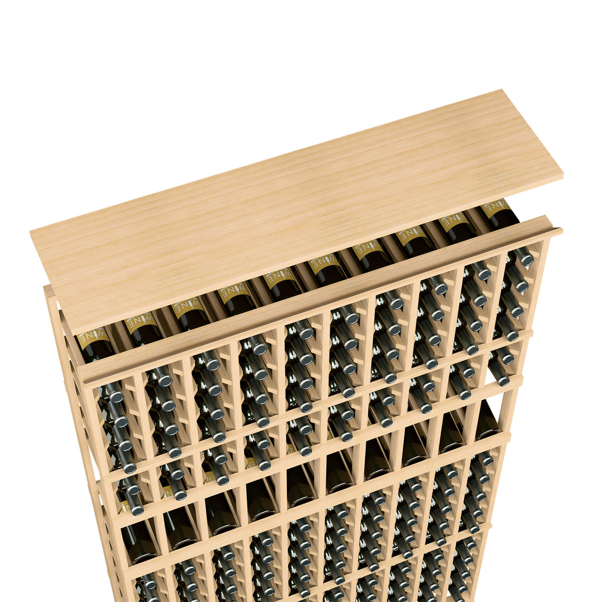 Light wood wine rack shelf with 10-column bottle slots and top ledge