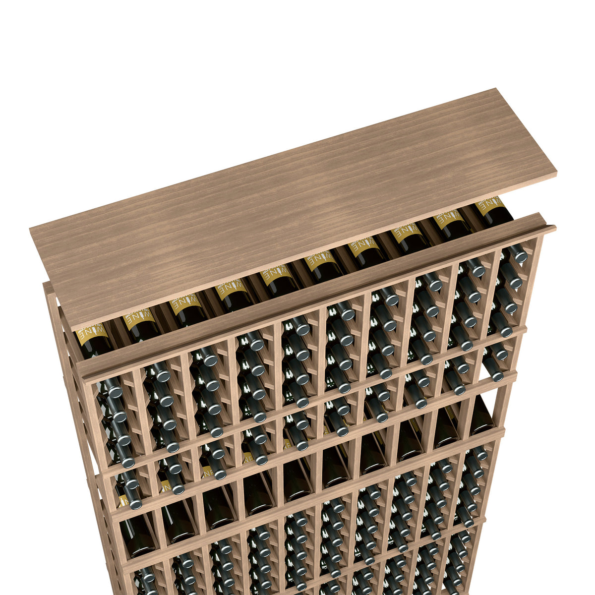 Medium brown stained wood wine rack shelf with 10-column bottle slots and top ledge