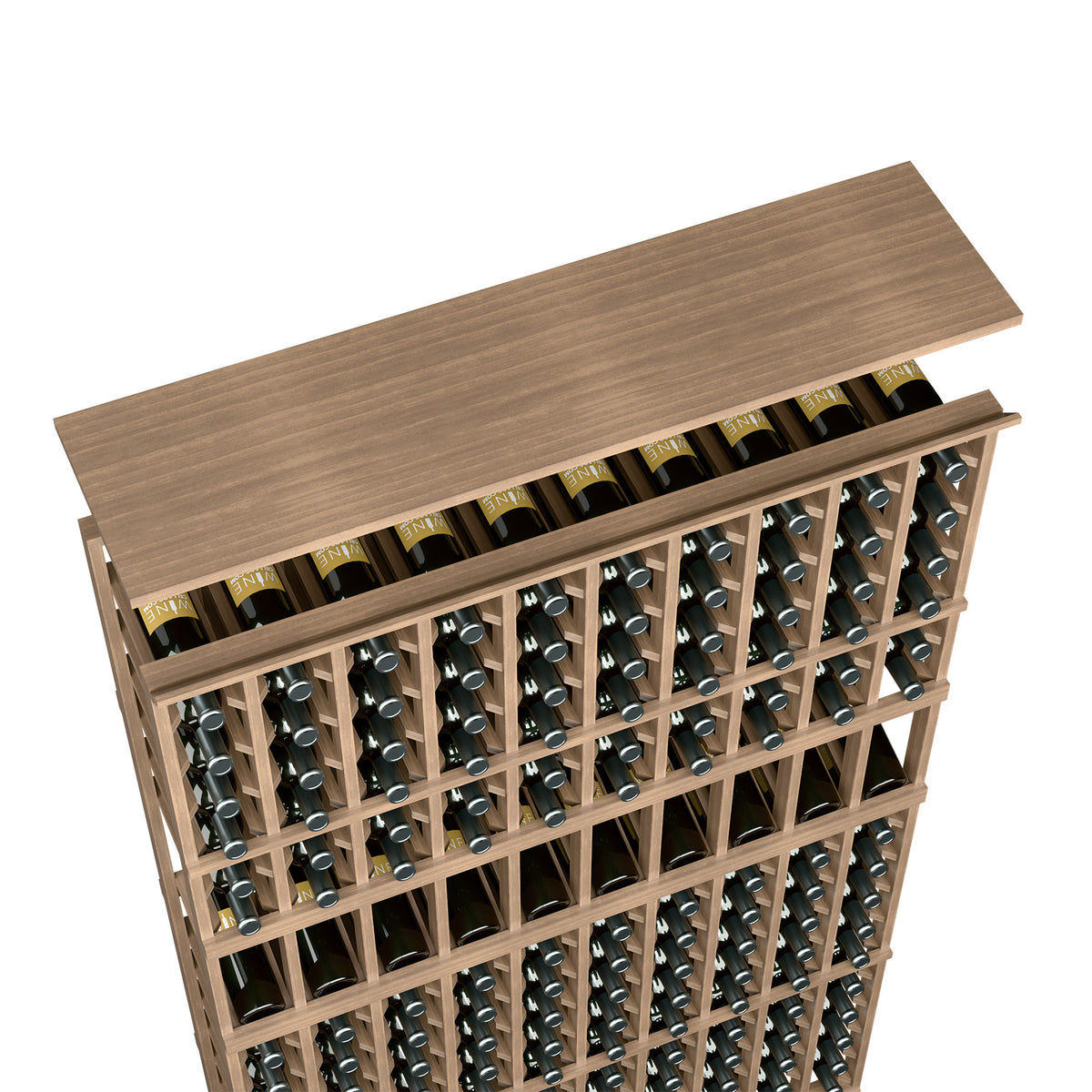 Medium brown stained wood wine rack shelf with grid of bottle holders