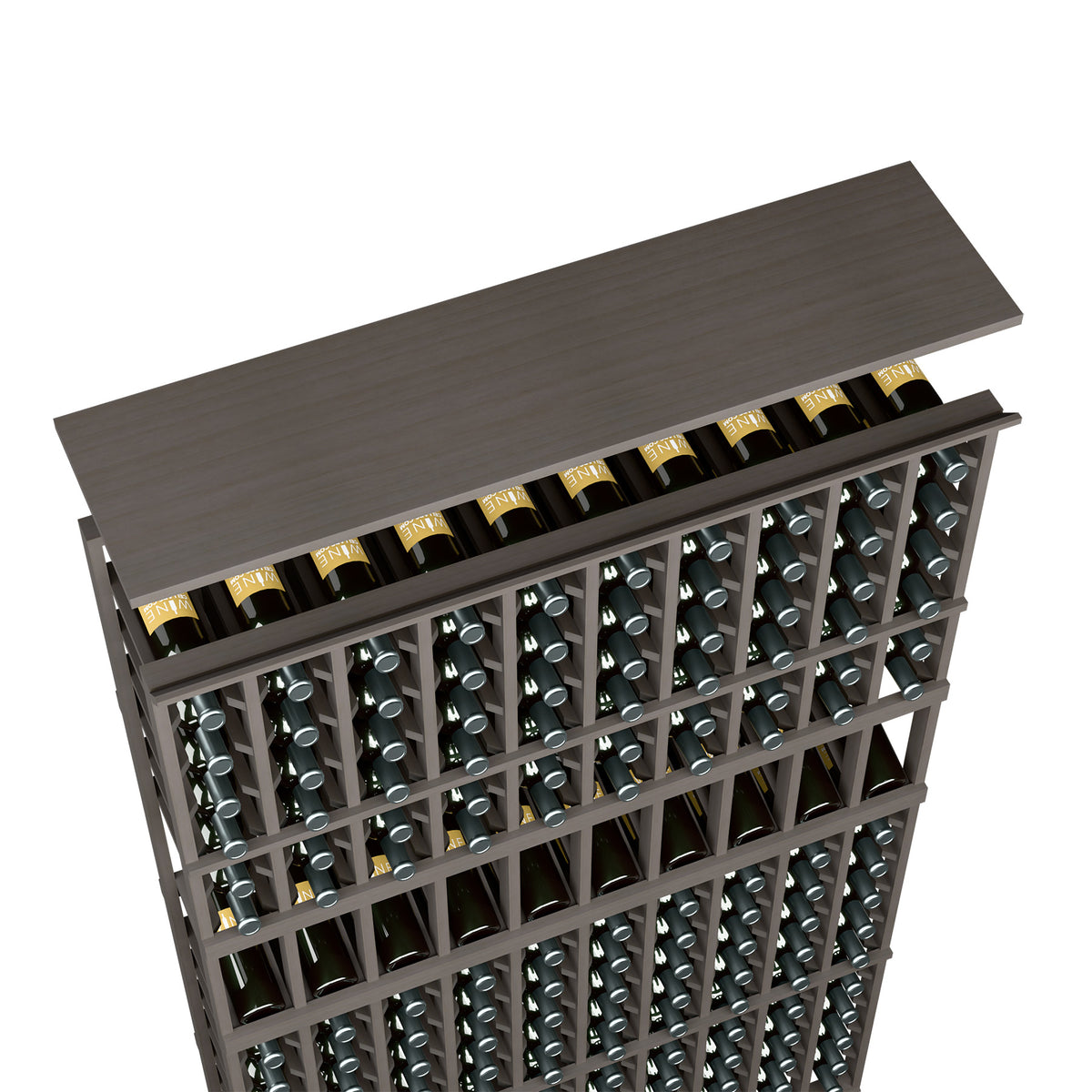 Dark gray stained wood wine rack shelf with 10-column bottle slots and top ledge