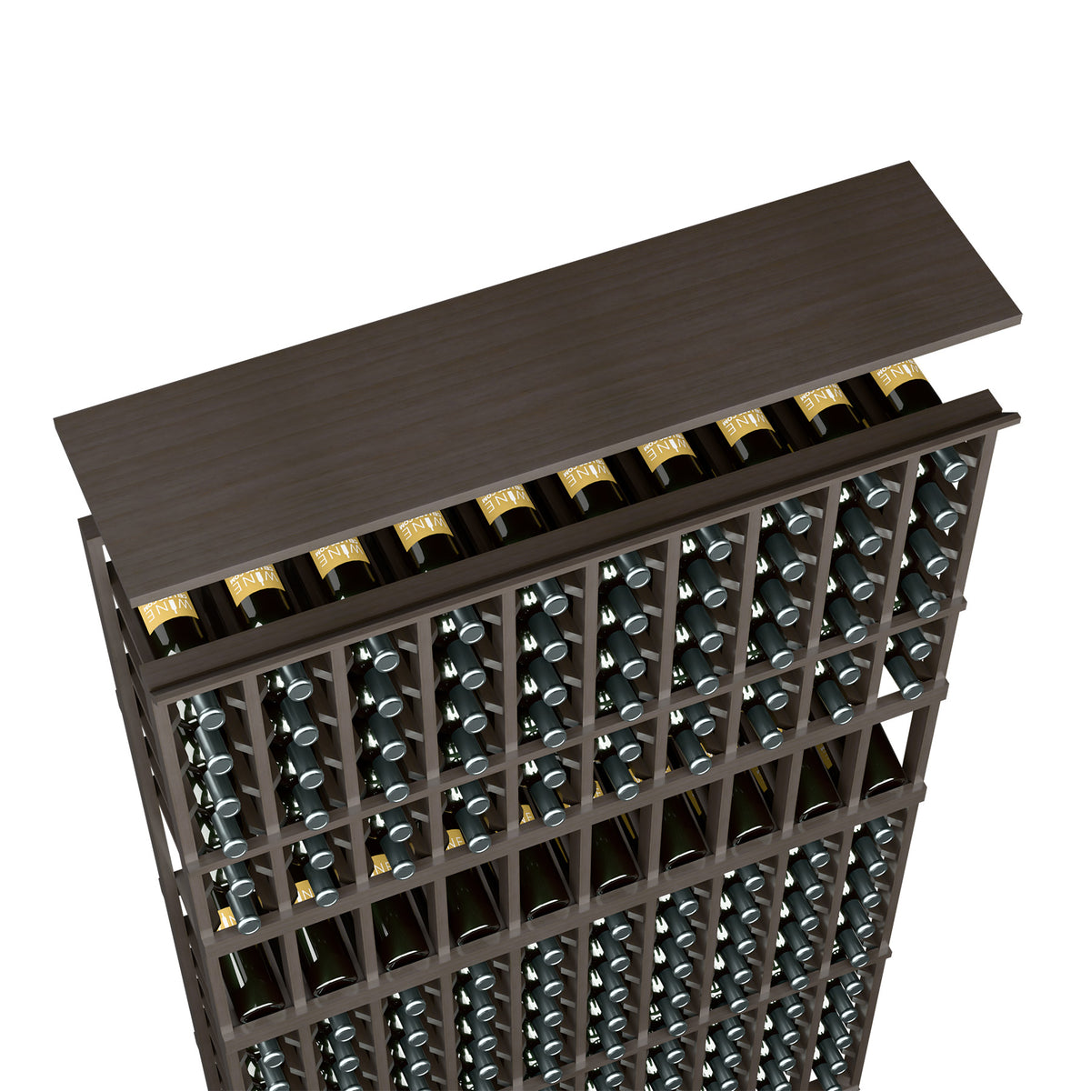 Dark gray stained wood wine rack shelf with bottle holders arranged in rows