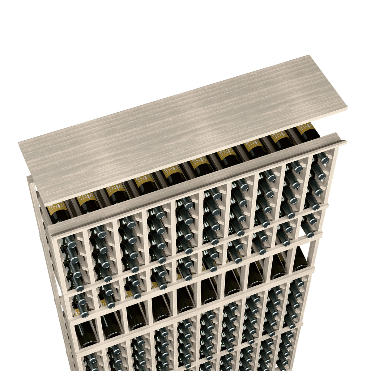 Light gray wood wine rack top shelf with bottle slots, holds many bottles
