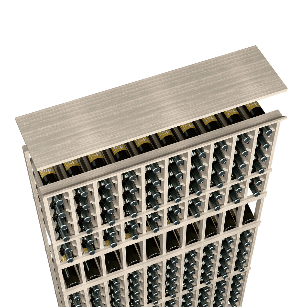 Light gray wood wine rack top shelf with bottle slots, holds many bottles