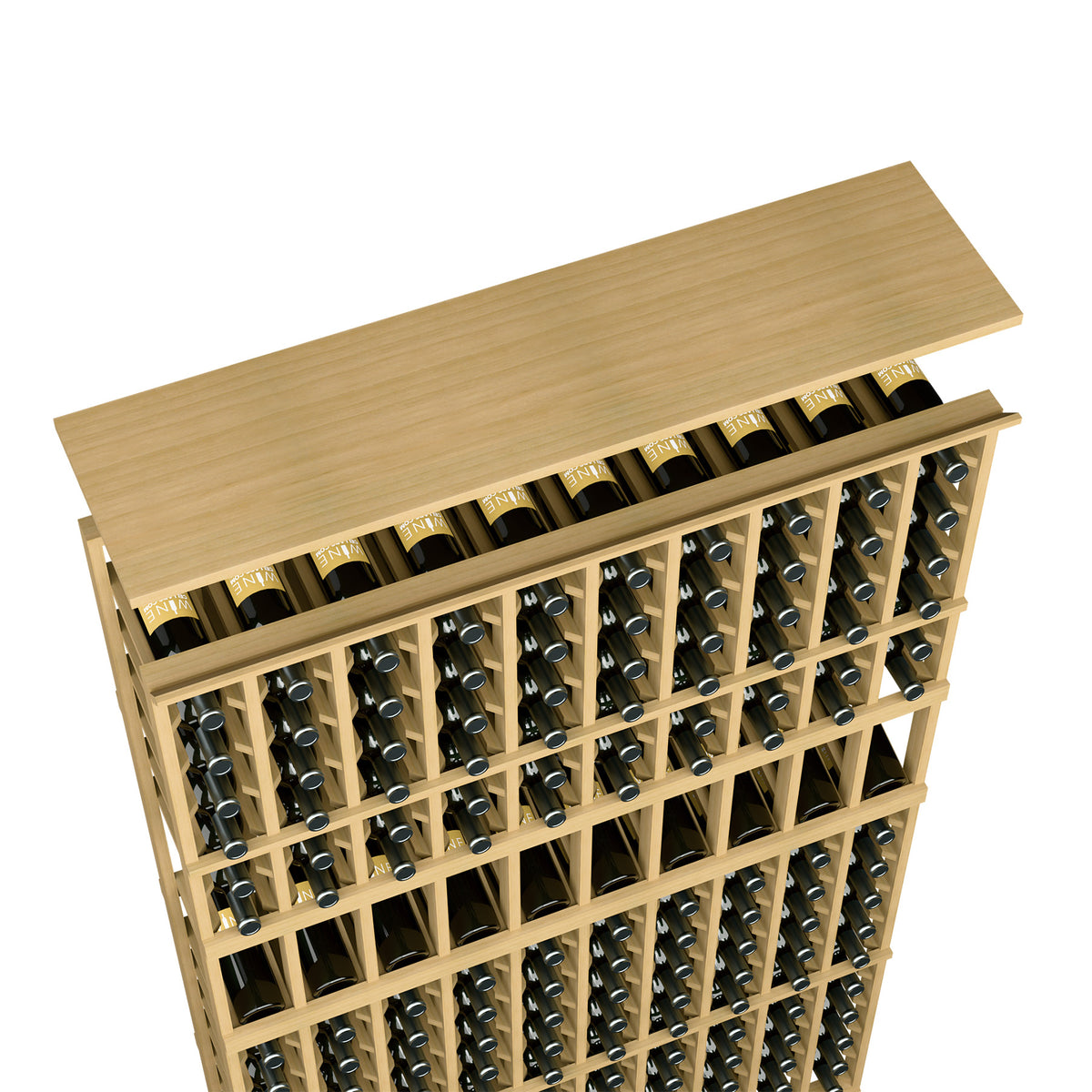 Light wood wine rack top shelf with bottle slots, holds many bottles