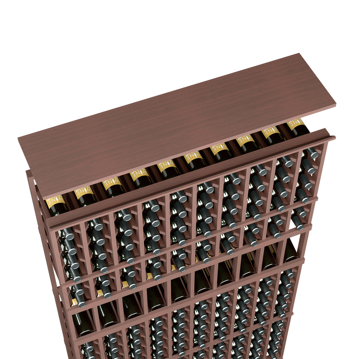 Dark brown wood wine rack top shelf with bottle slots, holds many bottles