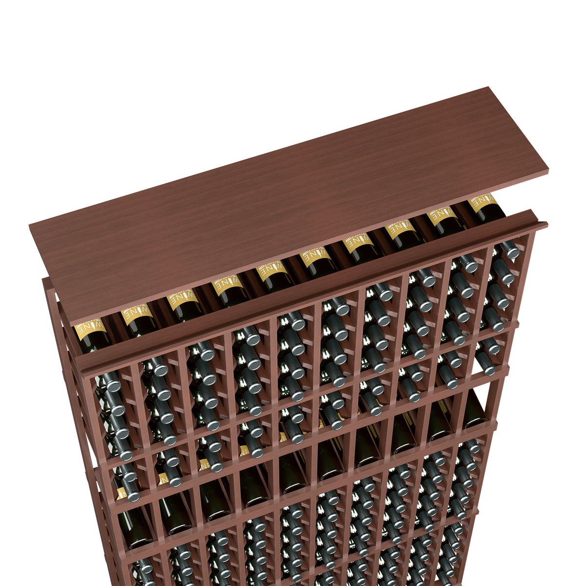 Dark brown wood wine rack top shelf with bottle slots, holds many bottles
