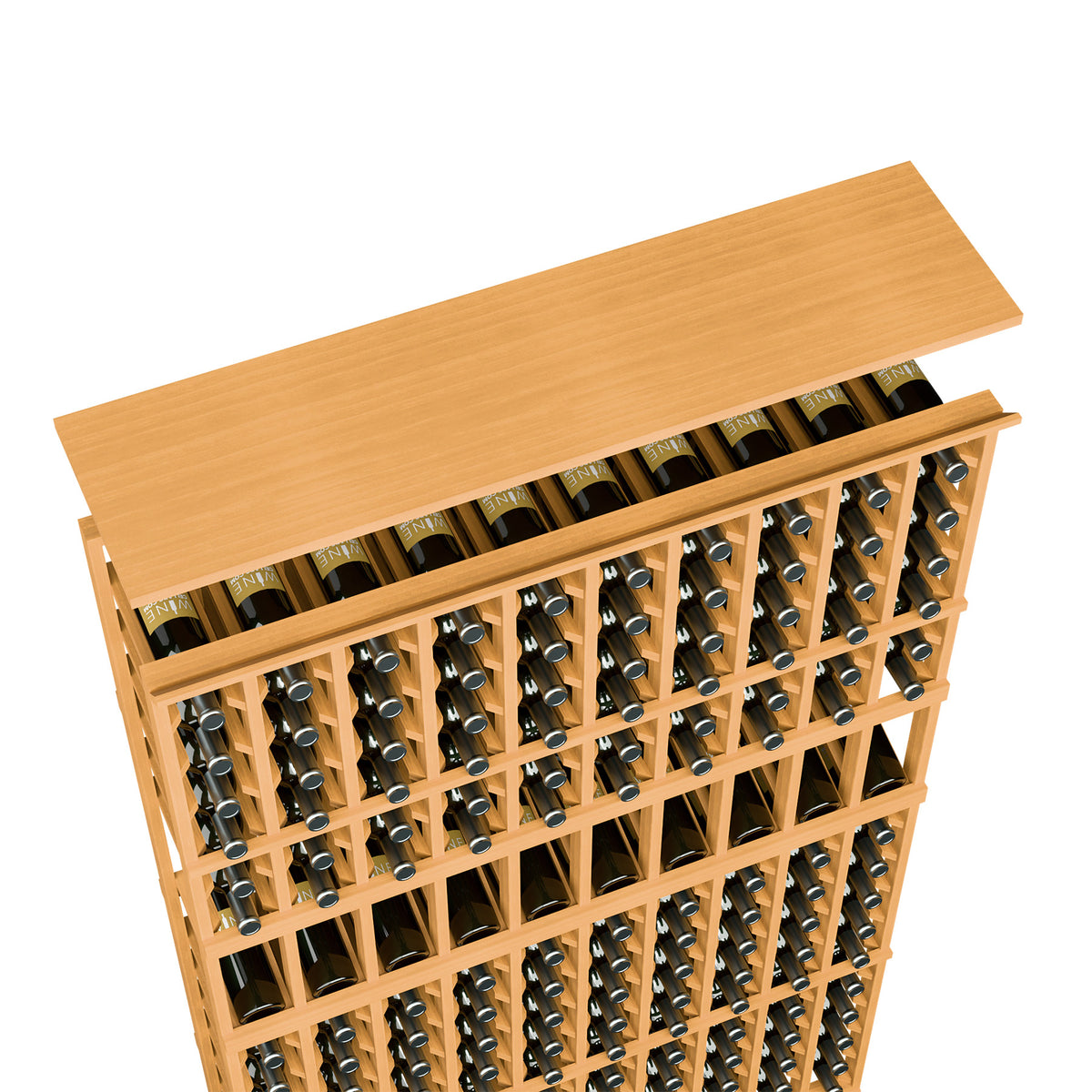 Golden wood wine rack top shelf with bottle slots, holds many bottles